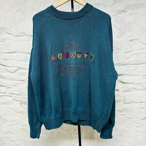 Vintage 90's STRUCTURE Ramie Cotton Crewneck Sweater Embroidered Logo Turquoise